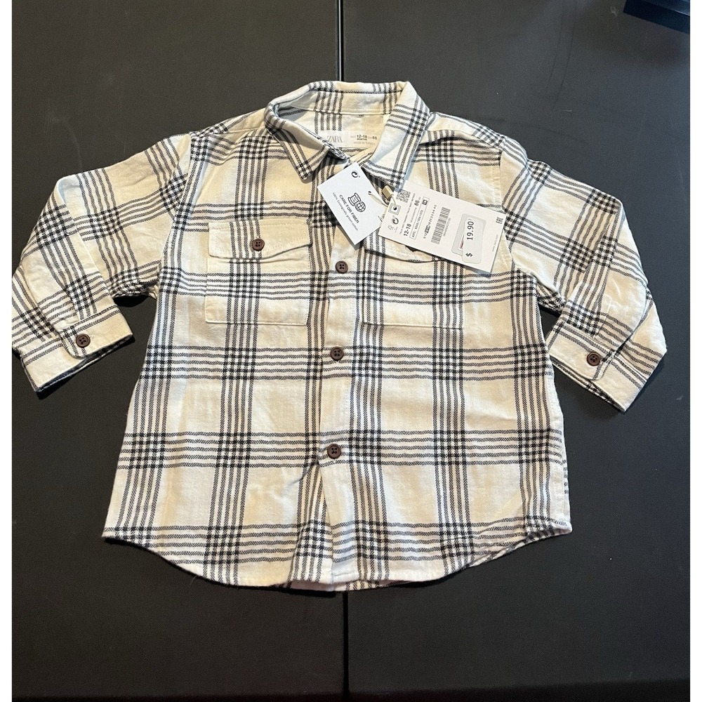 Zara Baby Plaid Button-Up Shirt Cream & Black Long Sleeve 12-18M NWT Cotton